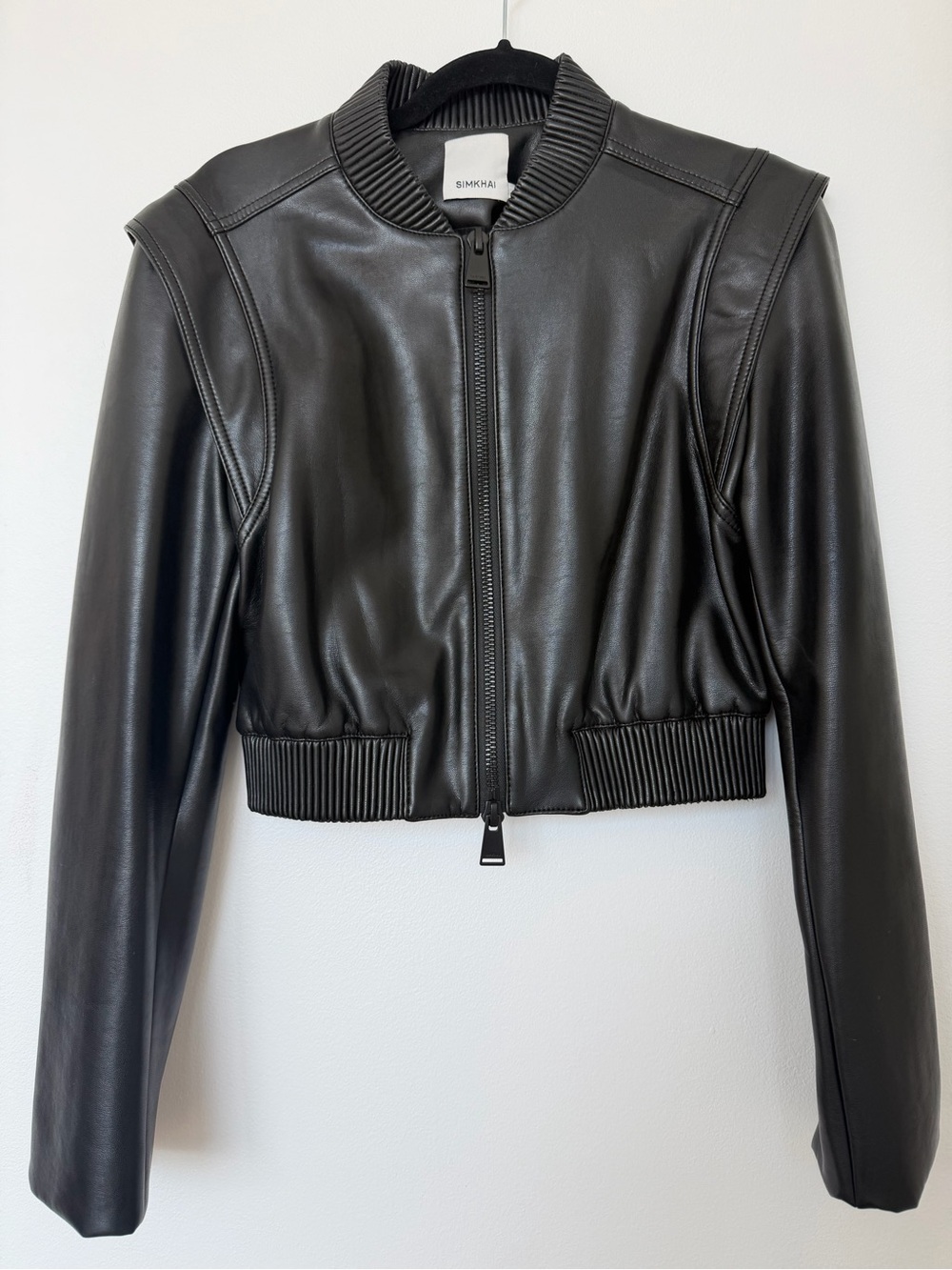 SIMKHAI Doreen Luxe Vegan Leather Boxy Bomber Jacket – Black (Size S) - Picture 2 of 6